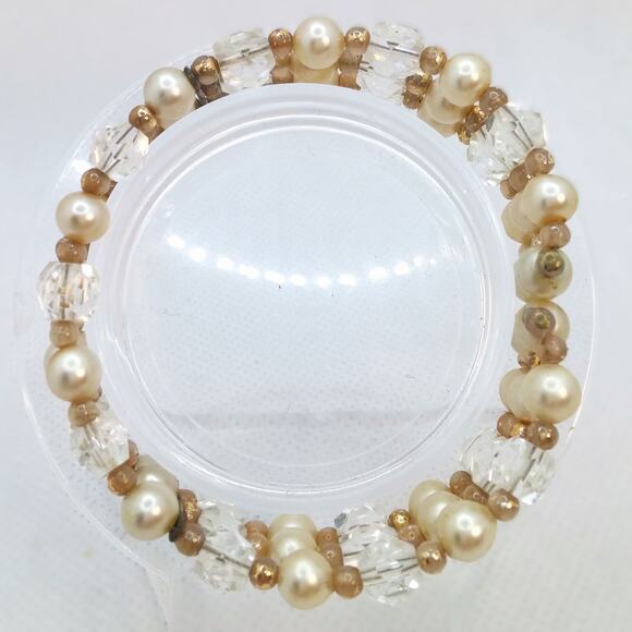 Vintage Triple Strand Pearl Bracelet Mid Century Clear Crystal Cuff Flex Wire - Picture 8 of 9